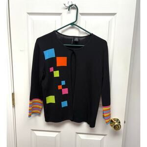MTWT 9-5 Sweater, Black Rayon Blend Cardigan, Blocks of Color, Women's Size S